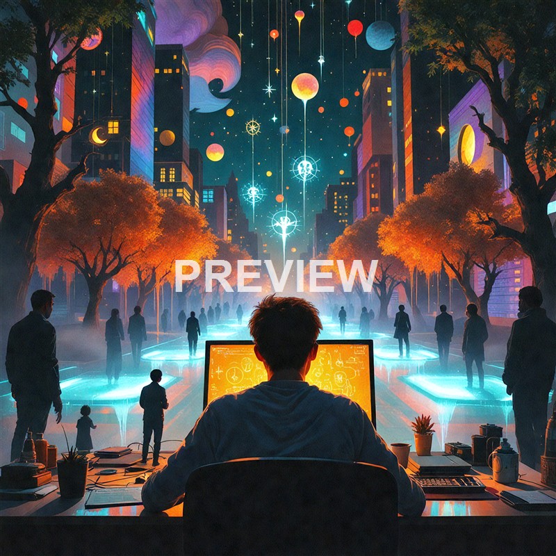 A person working at a desk with a computer in a futuristic cityscape filled with glowing trees, floating planets, and celestial objects, while other figures walk along illuminated pathways under a vibrant, starry sky.